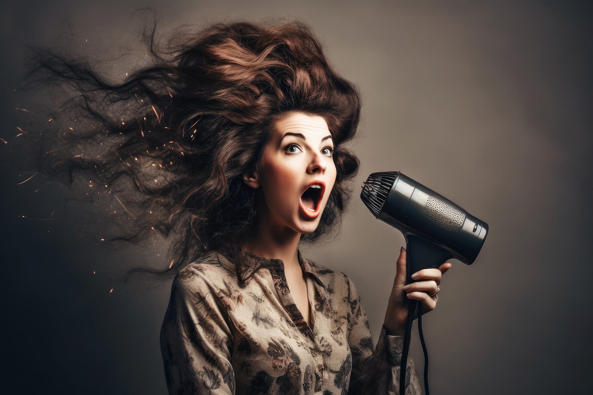 A woman with a very wild hairstyle looks amazed at an exploded hairdryer created with generative AI technology.